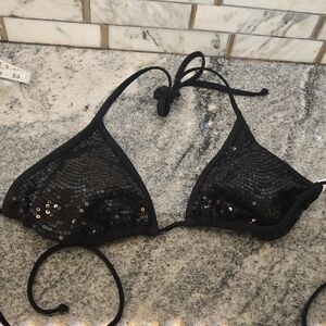 Xhiliration Black Sequin String Bikini Top Size Large